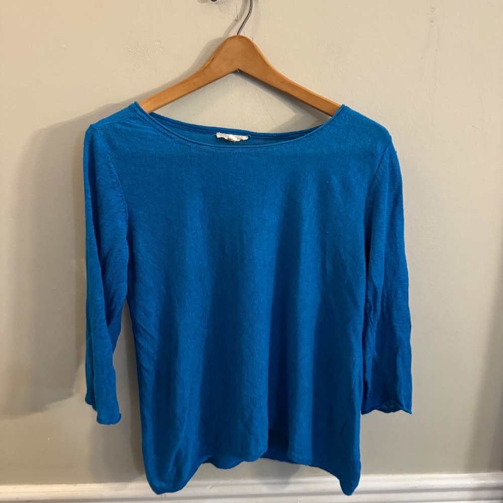 Eileen Fisher Organic Linen Knit Sweater Blue Boat Neck 3/4 Sleeve Size M